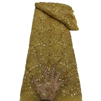 KC Fab. Tissu en dentelle perlée dorée nigériane, motif éventail, sequins brodés, tulle polyester/coton, poids moyen, pour mariage nuptial
