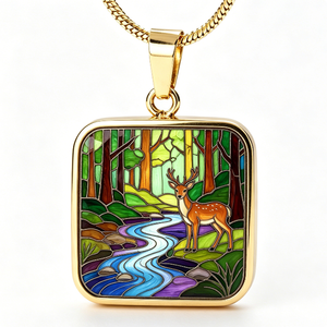 Colgante Rectangular Chapado en Oro con Escena de Ciervos en el Bosque, Artesanía Metálica con Temática Animal y Esmaltado - Product Image 4
