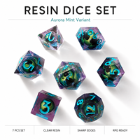Ensemble de dés en résine premium transparente, violette, verte et bleue, 7 pièces, à bords vifs, polyédriques, pour D&D, jeux de rôle de table, jeux de société