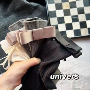 Chaussettes à poils mi-mollet de style japonais pour femmes, rayures verticales grises, chaussettes à mollet fines avec nœud polyvalent avec logo ODM sur la <span class=keywords><strong>manchette</strong></span> - Product Image 4