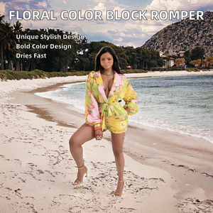 Nouvelle Combinaison Courte Femme Sexy à Manches Longues Imprimée Florale et Ceinture Color Block, Style Décontracté Automne - Product Image 2