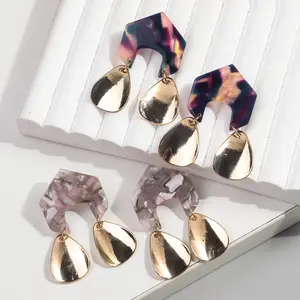 Korean Popular Boho Style Geometric Acetate Sheet Cut Teardrop Gold-plated Tassels Luxurious Marble Acrylic Earrings for Women