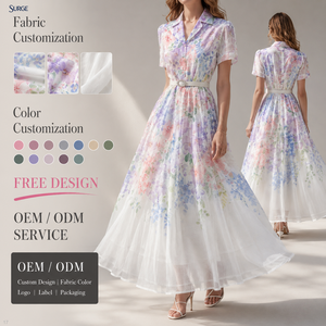 Robe longue décontractée pour femme en tissu blanc à motif floral, col en V, boutonnée sur le devant, manches courtes bouffantes, ceinturée, taille haute, coupe trapèze, avec superposition transparente - Product Image 1