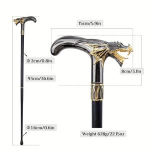 Canne en métal à poignée en T Dragon ailé noir et or 2 pièces Bâtons de marche Décoration de fête pour hommes Élégant vintage pour hommes - Product Image 2