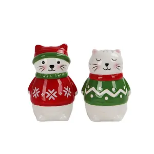 Forma do gato Handmade Mão pintada Cerâmica sal pimenta shaker conjunto de 2, Natal Férias 3 inch Salt and Pepper Shaker Set