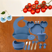 Ensemble de vaisselle pour bébé en silicone : bol, assiette en forme de crabe, bavoir, assiette compartimentée, cuillère, fourchette, tasse