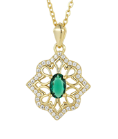 Collier Pendentif Vintage en Filigrane Plaqué Or avec Émeraude Ovale Verte et Diamant CZ, Collier Géométrique Creux pour Femme