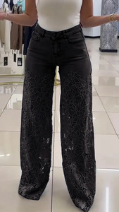 Jeans élégants pour femmes, chic, <span class=keywords><strong>grande</strong></span> <span class=keywords><strong>taille</strong></span>, dentelle ajourée, <span class=keywords><strong>taille</strong></span> haute, jambe <span class=keywords><strong>large</strong></span>, denim extensible - Product Image 3