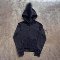 Sweat à capuche zippé personnalisé avec logo, style streetwear délavé à l'acide, pour homme et femme, avec empiècements en fourrure véritable