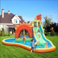 Toboggan aquatique gonflable sur le thème des dinosaures personnalisé avec piscine, équipement de jeu aquatique pour enfants en Oxford pour les fêtes d'été