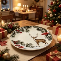 Assiette de Noël en céramique avec rennes, paysage enneigé, branches de pin et baies rouges, compatible micro-ondes, style Instagram, pour occasions festives
