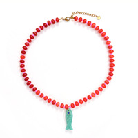 Collier long bohème pour femme avec pendentif poisson en pierre sculptée, perles imitation jade, chaîne de pull, forme animale, style vintage