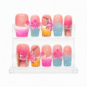 Faux ongles carrés à pression motif papillon fleur rose, couvrance totale, manucure pré-dessinée prête à poser pour salon - Product Image 6