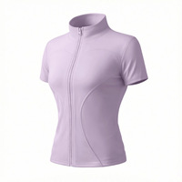 Jaket Yoga Wanita Ringan, Elastisitas Tinggi, Lengan Pendek, Kerah Tegak, Pas Badan, Cocok untuk Latihan Kebugaran, Bahan Bernapas