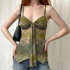 2026 Y2K Women Breathable Knitted Sheer Mesh Tie Back Camisole Top <b>Green</b> Patchwork Sleeveless Sexy Casual Fairycore Tank - Product Image 3