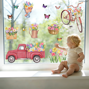 Calcomanías de bicicletas y tulipanes con temática primaveral para escaparates y puertas de vidrio; adhesivos estáticos, pegatinas de vidrio visibles por ambos lados. - Product Image 3