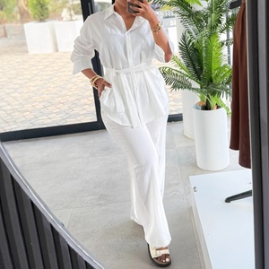 Conjunto de Camisa con Cinturón y Pantalones Anchos para Mujer, Manga Larga, Cierre de Botones, 2 Piezas, a la Moda - Product Image 5