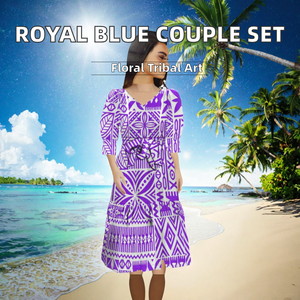 Vestidos Midi de Verano con Cuello Asimétrico para Mujer y Camisas Hawaianas a Juego para Hombre, con Estampado Tapa Samoano Azul Rey, Estilo Modesto OEM para Parejas - Product Image 2