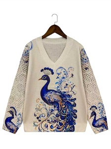 Pull en maille imprimé paon pour <span class=keywords><strong>femme</strong></span>, collection Printemps 2026, col en V, manches longues, avec empiècements en maille, 100 % polyester, imprimé numérique - Product Image 5