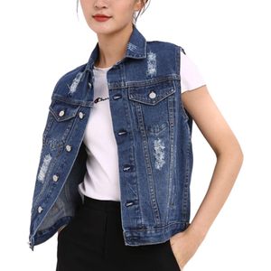 FOXA Womens Denim Vest Sleeveless Buttoned Distressed Washed Jean Jacket With <b>Chest</b> Flap Pockets Vintage Style - Product Image 5