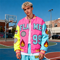 Veste universitaire rose personnalisée avec logo, manches contrastées, style Letterman, patch en chenille, streetwear Y2K, veste bomber, fabrication OEM