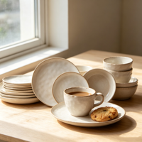 Service de table EKA en céramique texturée beige minimaliste avec glaçure réactive, assiettes et bols modernes en grès, idéal pour les mariages