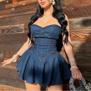 Robes en jean pour femmes à bas prix, nouvelle arrivée, décolleté sexy, sans bretelles, mini robe moulante en jean pour l'été - Product Image 3