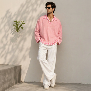 <b>Men's</b> <b>Pink</b> Gingham Check Casual <b>Shirt</b> Full Sleeve Turn-down Collar Breathable 100% Cotton Summer Hand Drawn Woven Fabric - Product Image 1