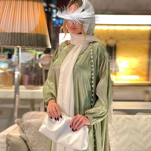 Brillante 2 piezas Abaya Set Arabian Party Beaded Matching Outfits Mujeres Musulmanas Conjuntos Open Satin Abaya Cardigan Jalabiya Dubai Suit - Product Image 3