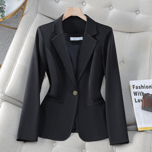 Black Women's Blazer Solid Color Polyester Anti-Wrinkle Spring Autumn Casual Suit Jacket Petite Korean Style - Product Image 1
