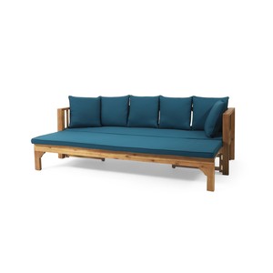 Outdoor Extendable Acacia Wood 3-Seater <b>Sofa</b> Convertible Patio Daybed Beige Cushions Modern Teak Finish Lounge Apartment Hotel - Product Image 4