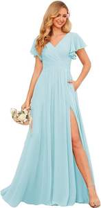 הסיטונאי שיפון חולצת V ruffles שרוול קצר ארוך גב שמלות שושבינה - Product Image 2