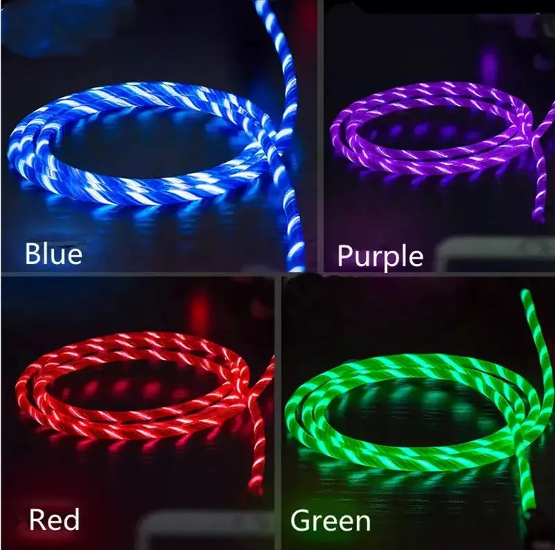 Iluminação led colorida streamer brilhante, cabo adaptador de carregador de telefone 3 em 1 cabo para celular