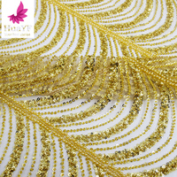 HY2545-4 de haute qualité or robe de mariée paillettes maille dentelle avec perles et paillettes pour tissu de mariée