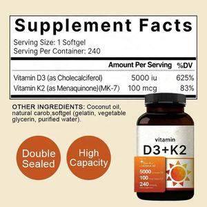5000 IU D3 100 Mcg K2 MK-7 240 Softgels Duplo Selado UV Protegido De Terceiros Testado Adulto Uso Melhorado Densidade Óssea Vitamina - Product Image 6