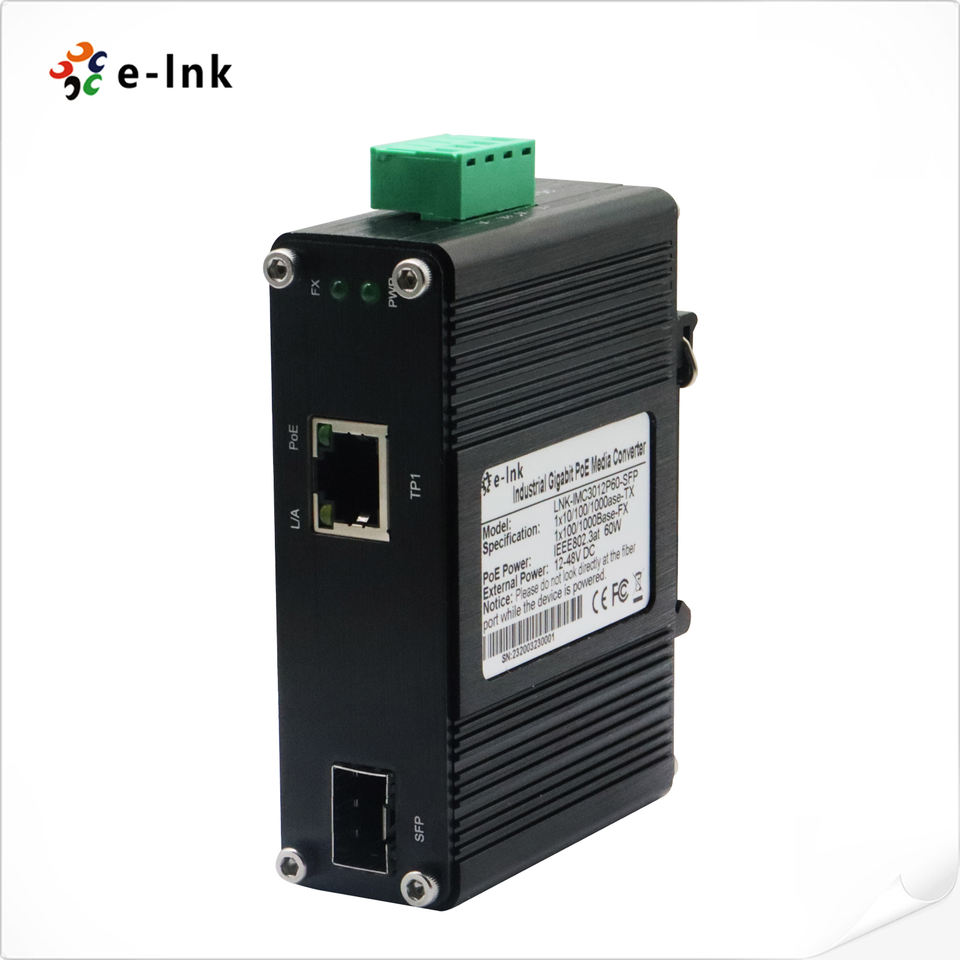 Elink Mini Industrial 1-Port 100/1000X SFP to 1-Port 10/100/1000T 60W PoE++ Media Converter LNK-IMC3012P60-SFP