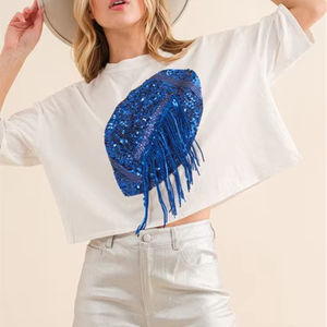 Fuzzy Game Day Fútbol <span class=keywords><strong>Lentejuelas</strong></span> Bordado <span class=keywords><strong>Camiseta</strong></span> corta Top para mujer - Product Image 1