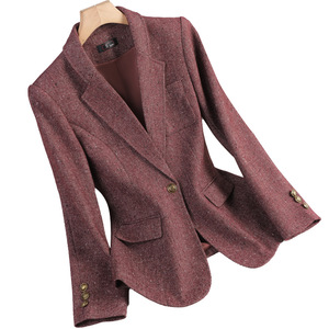 Women's Wool Blazer Brown Solid Color One Button Pocket Design Autumn Winter Coat - Product Image 5