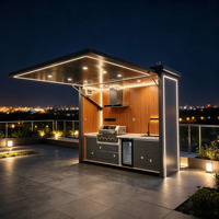 Station de cuisine extérieure préfabriquée personnalisable avec barbecue à gaz, évier, réfrigérateur et hotte pour jardin, patio ou terrasse moderne