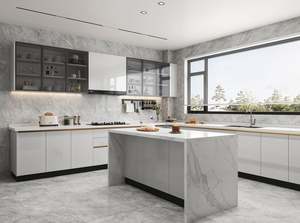 Ensemble de cuisine en forme de L SANTOPOVA moderne, blanc brillant, avec finitions en bois et appareils électroménagers intégrés - Product Image 3