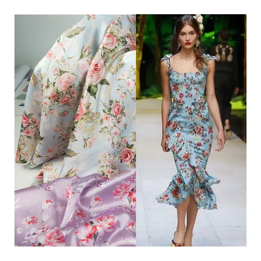 Düşük MOQ hafif yumuşak dokunmatik özel baskı çiçek baskı ipek saten kumaş bahar elbise