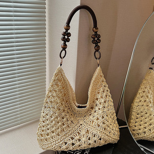 Borsa Tote Boho in Paglia Intrecciata all'Ingrosso, Borsa a Mano all'Uncinetto Fatta a Mano con Manico in Legno e <span class=keywords><strong>Perline</strong></span>, Grande Borsa da Spiaggia Estiva da Donna con Chiusura Magnetica - Product Image 2