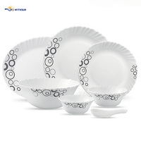Service de table en verre opale 33 pièces, design moderne noir et blanc, bord ondulé, assiettes pour usage quotidien à la maison, vaisselle pour la cuisine