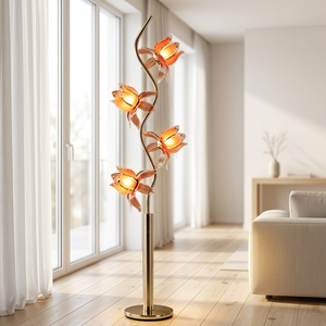 Lampadaire décoratif artistique à 4 lumières, abat-jour en forme de fleur de lotus, tige dorée courbée, lampe sur pied pour intérieur 4. - Product Image 1