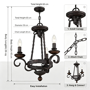 <span class=keywords><strong>Lustre</strong></span> rustique en fer forgé 3 lumières, suspension vintage en métal à motifs, finition foncée, pour salle à manger, villa, style ferme, écoénergétique - Product Image 6