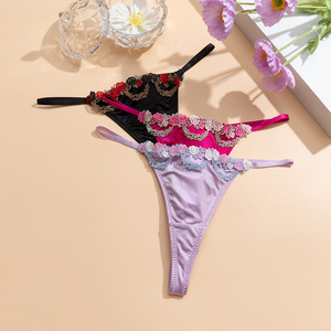 Wholesale <b>Women</b> Luxury Satin <b>Thong</b> Panties Rose Embroidery Thin Strap Low Rise T-back Ladies Underwear Intimate Lingerie OEM ODM - Product Image 2