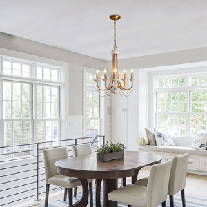 Metall Holz Perlen-Wangenlicht 5-Licht französisches Landhaus Bauernhaus Kronleuchter rustikales graues hängendes Licht für Esszimmer - Product Image 3