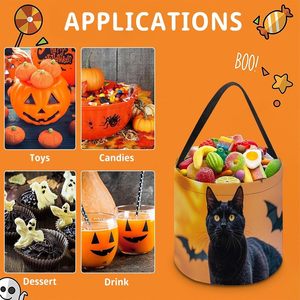 Halloween Bucket with Handles Black Cat Pacing on Roof Trick or Treat Bag Candy Tote Bag <b>Gift</b> <b>Baskets</b> Made in China - Product Image 1