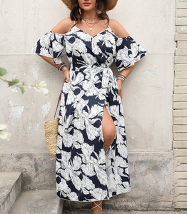 Vestido de talla grande para mujer, cuello en V, largo hasta el tobillo, estampado floral, corte en A, 100% poliéster, transpirable, estilo bohemio para vacaciones - Product Image 2