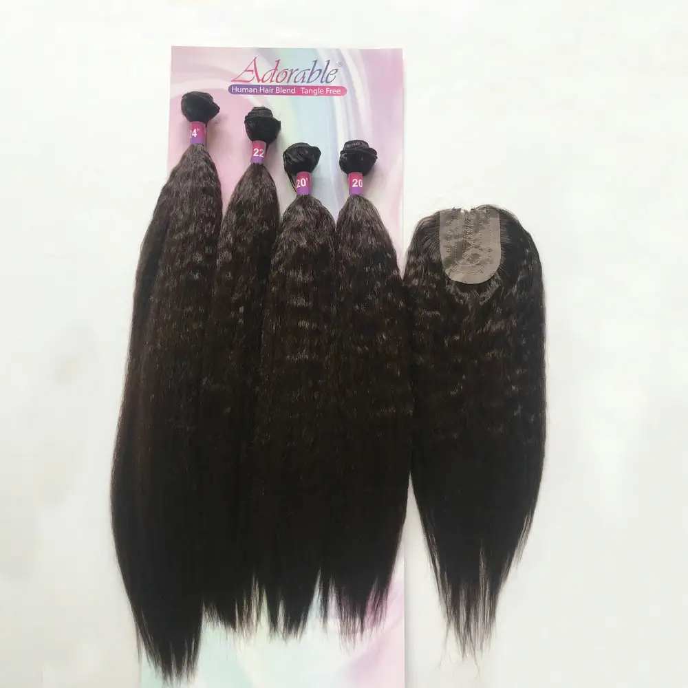 Pelo Rizado rizado afro que teje cabello completo paquete con libre cierre recto yaki extensiones de cabello sintético mojado ondulado 4pcs 20 "22" 24"